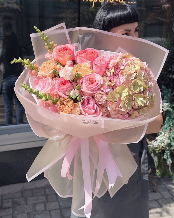 Bouquet of Pink and Peach Roses with Hydrangea and Delicate Greens