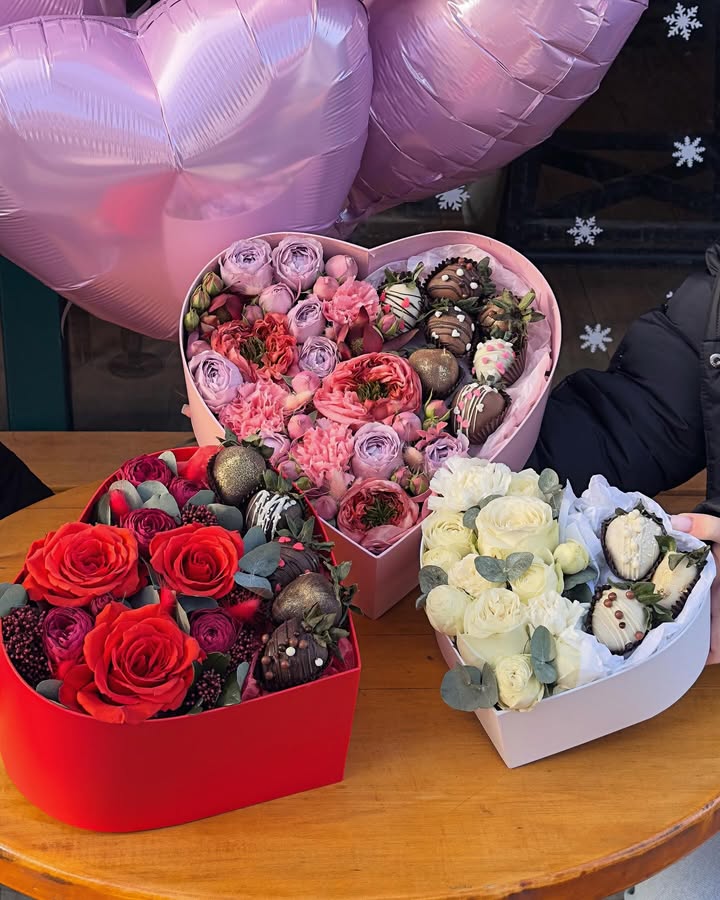 Heart-shaped Flowers and Chocolate-Covered Strawberries Arrangement