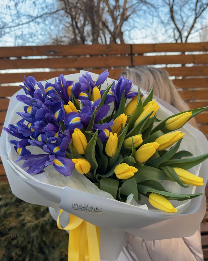 Bouquet of Purple Irises and Yellow Tulips