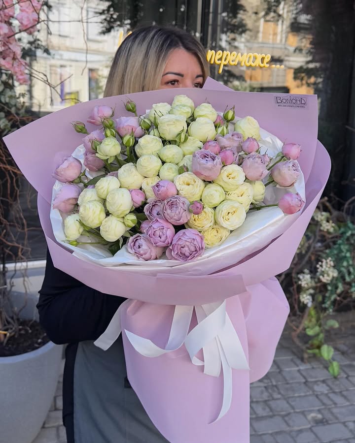 Peony-like rose bouquet cream-pink with white wrapping