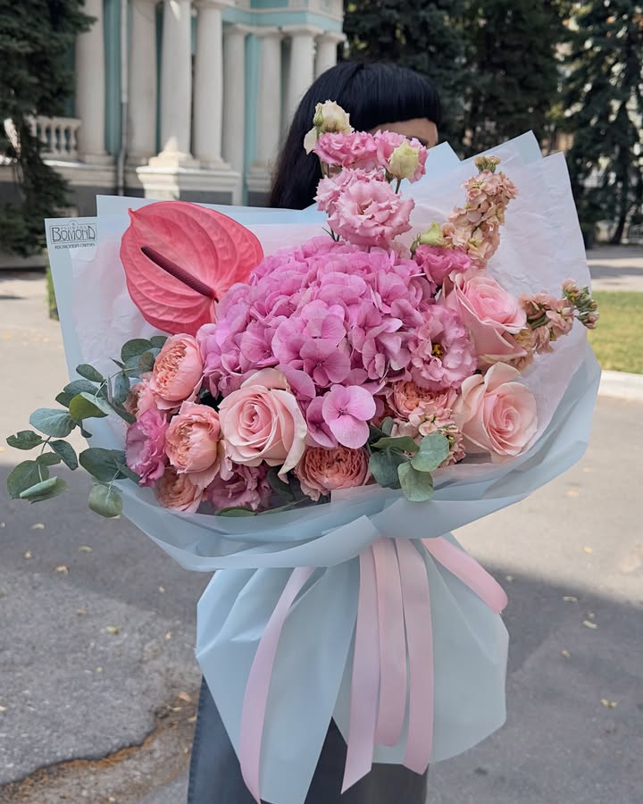Pink bouquet with hydrangea, roses, and anthurium