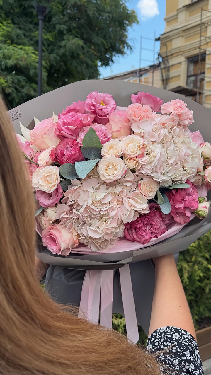 Bouquet of Roses, Hydrangeas, and Pink Peony-like Flowers