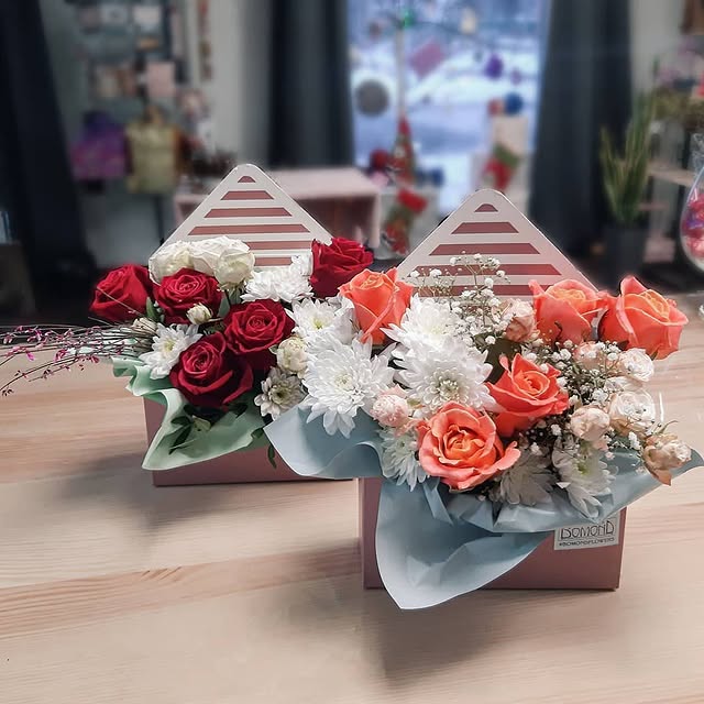 Flower Compliment in Envelope with Roses and Chrysanthemums