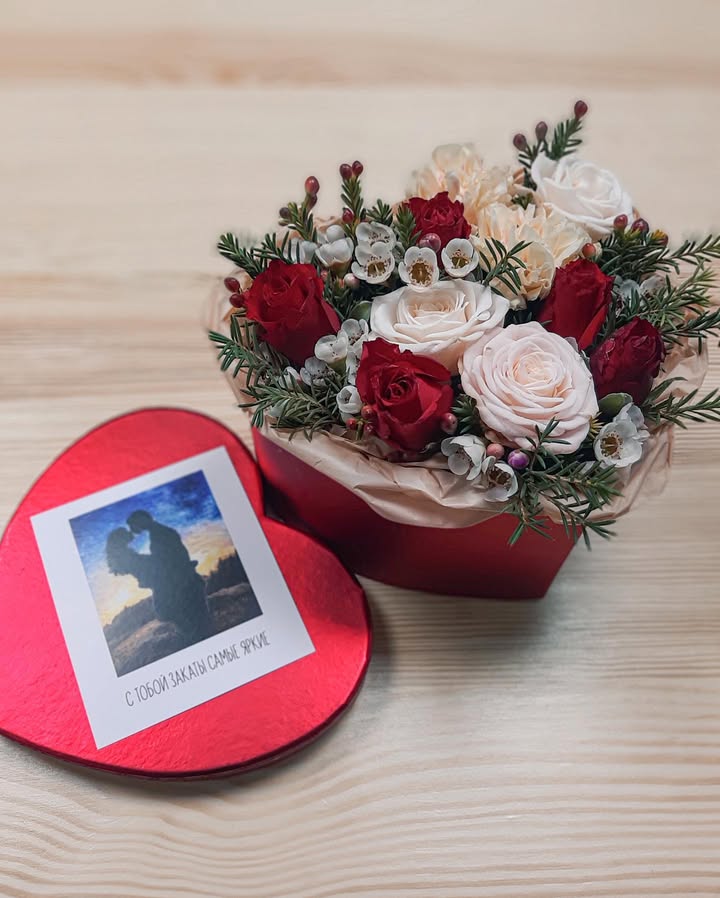 Romantic "Red Heart" rose arrangement in heart-shaped box
