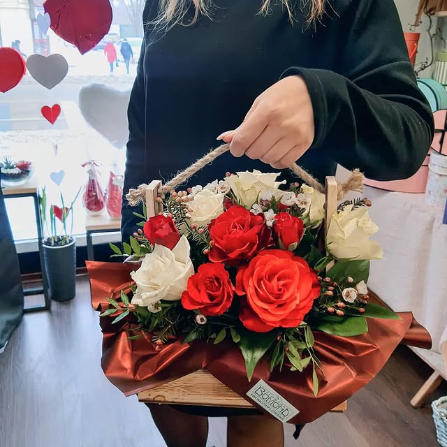 Red and White Rose Arrangement in Wooden Box