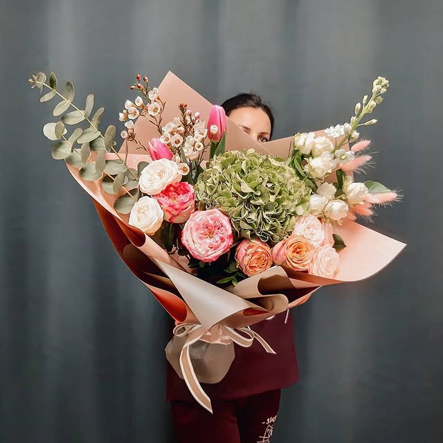 Large bouquet with hydrangea, tulips, and roses