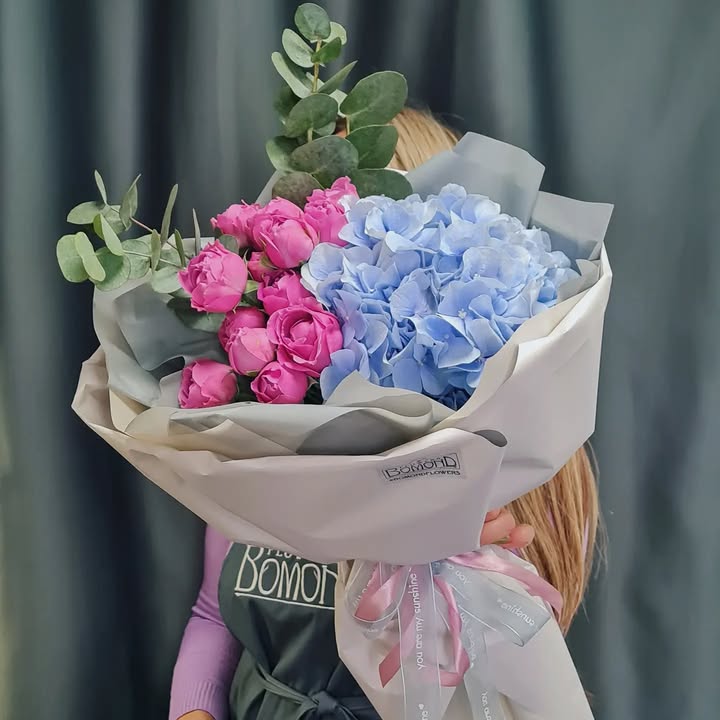 Bouquet with Blue Hydrangea and Pink Peonies