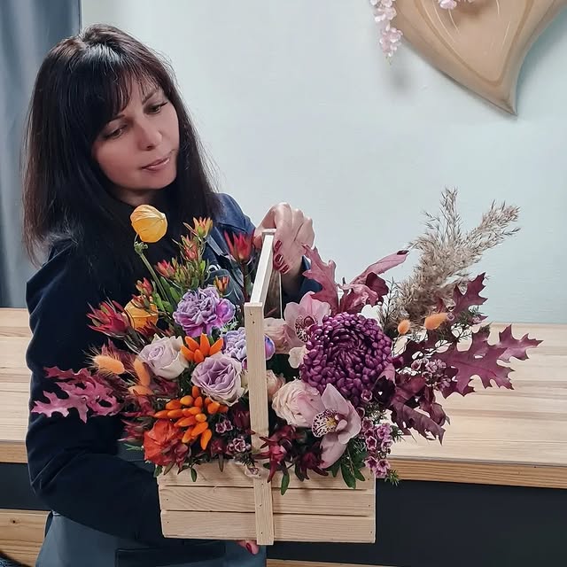 Autumn Flower Arrangement in Wooden Box with Flowers and Dried Plants
