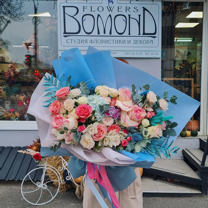 Giant Bouquet of Roses and Eustoma in Blue Wrapping