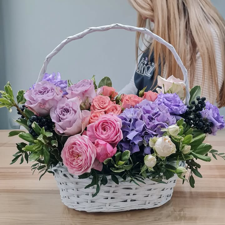 Basket with Pastel Roses and Hydrangeas
