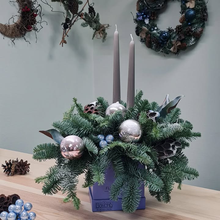 Christmas Arrangement with Silver Balls and Candles