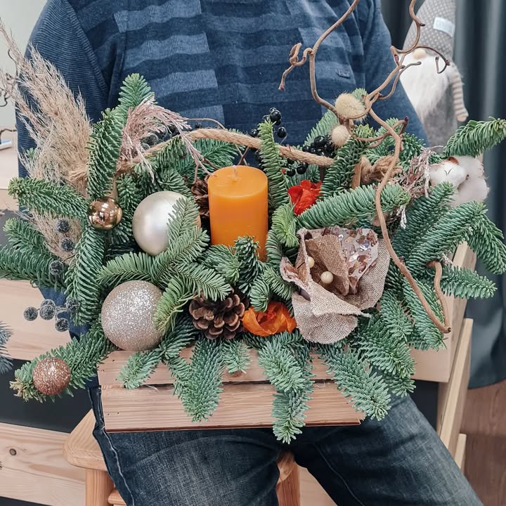 Christmas Arrangement with Fir Branches and Candle