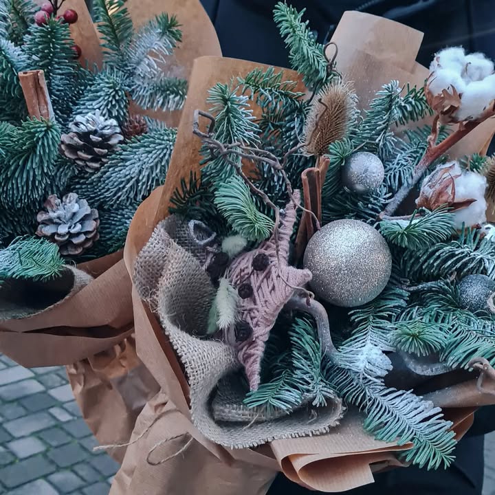 Christmas compliment bouquet with fir and decorative ornaments