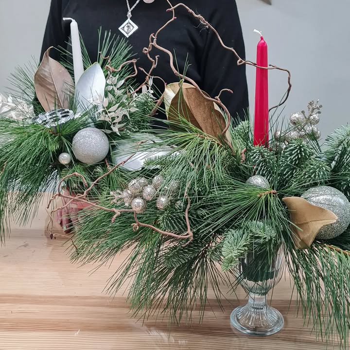 New Year Floral Arrangement with Candles and Pine Branches
