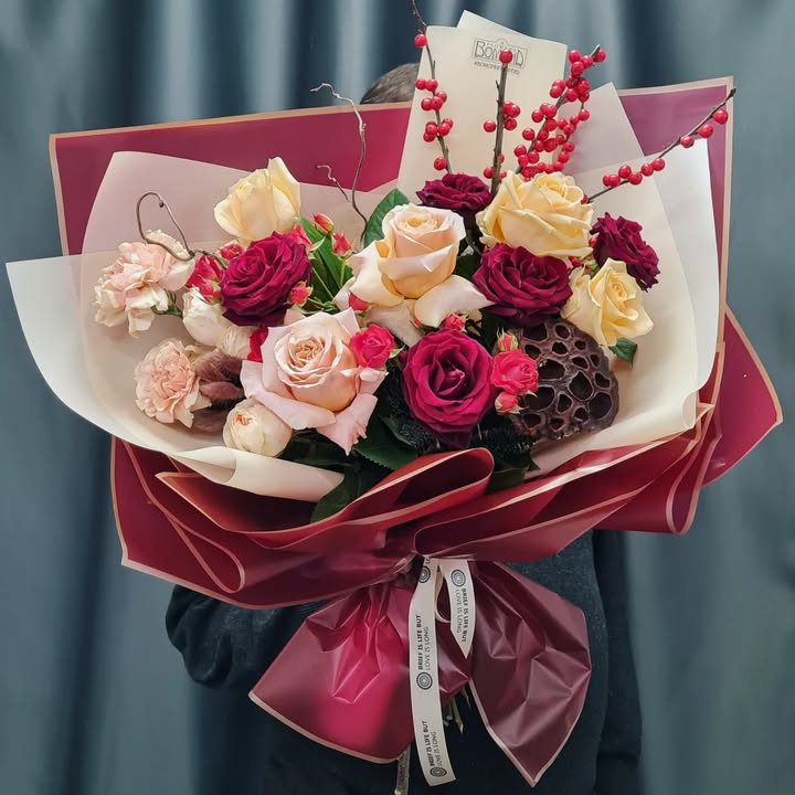 Bouquet with Cream and Burgundy Roses with Decorative Accents