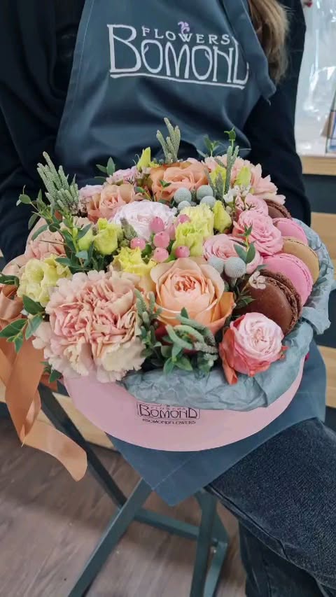 Pink and Peach Flower Arrangement with Macarons in a Box