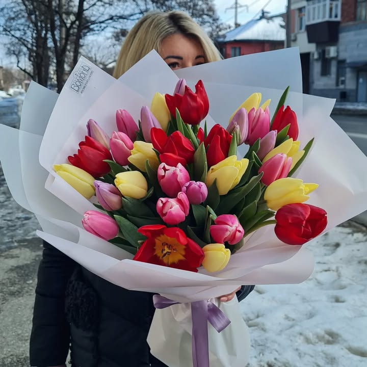 Spring Mood Tulip Bouquet with Red, Yellow and Pink Flowers