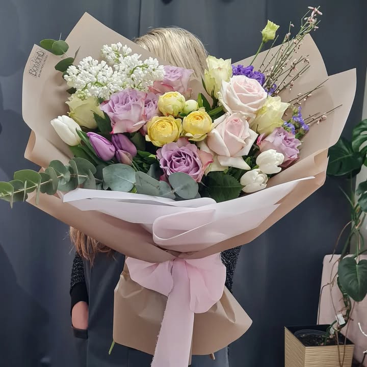Large Romantic Bouquet with Roses, Tulips, and Eustoma