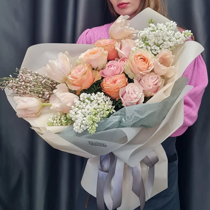 Tender Feelings Bouquet with Roses, Lilac, and Tulips