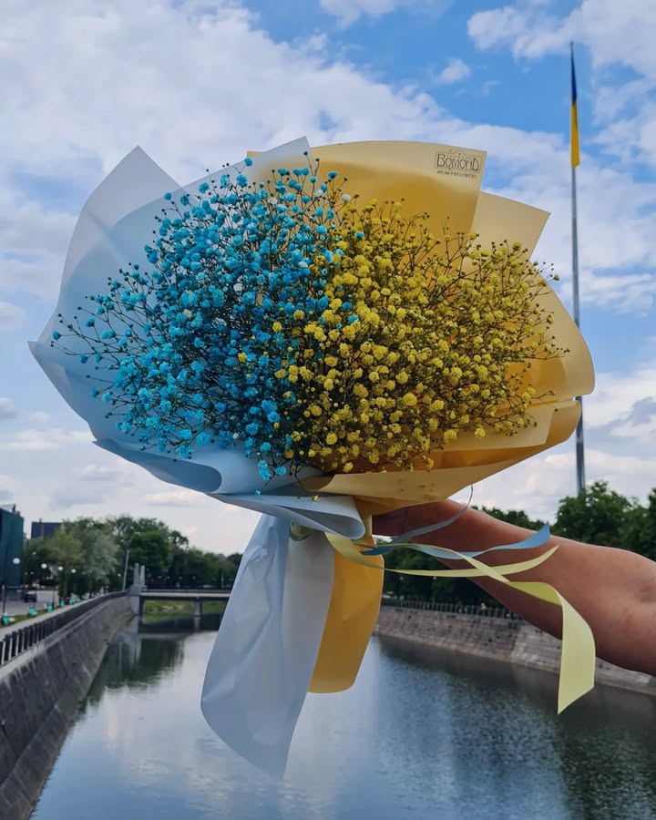 Patriotic Gypsophila Bouquet in Ukrainian Flag Colors