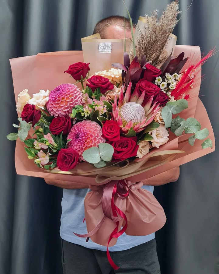 'Flame of Passion' Bouquet with Red Roses and Exotic Flowers
