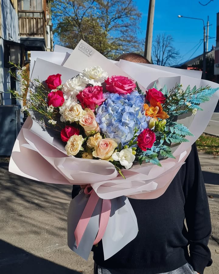 Mixed Bouquet of Roses, Hydrangeas and Freesias with Greenery