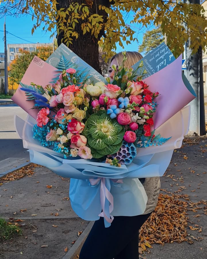 Creative Autumn Bouquet with Roses and Exotic Flowers