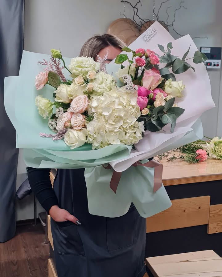 Bouquet of White Hydrangea and Delicate Roses with Eucalyptus