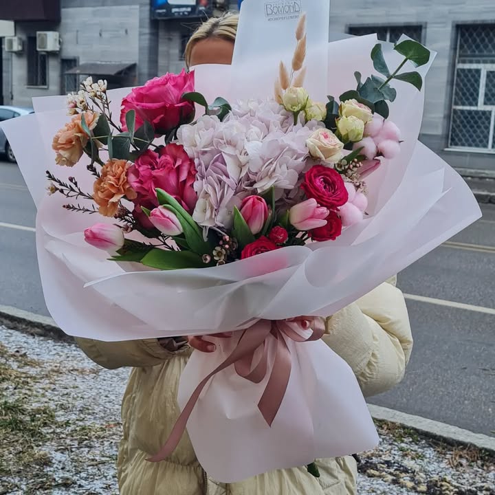 Bouquet with Pink Tulips and Hydrangea in Soft Wrapping