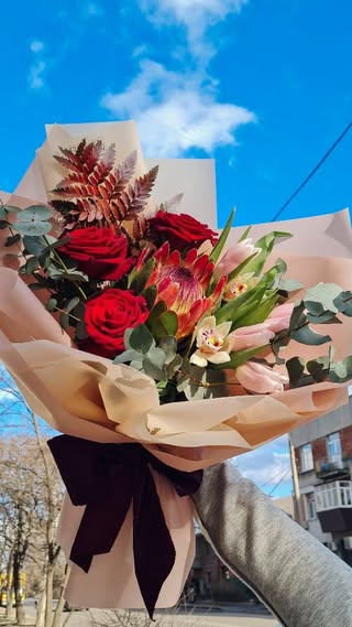 Bouquet with Red Roses and Exotic Flowers