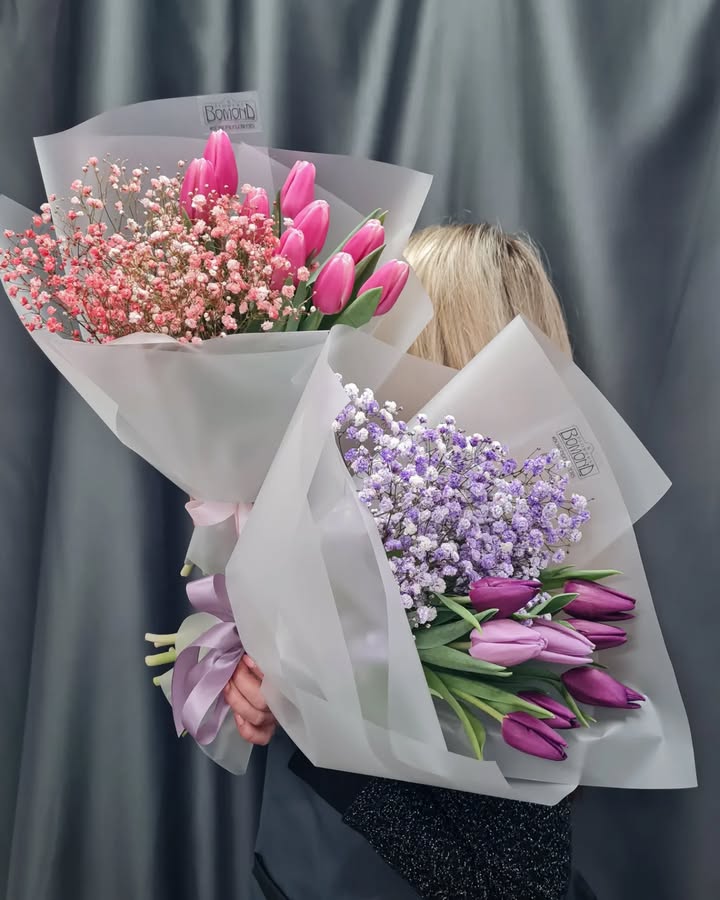 Bouquet of Pink and Purple Tulips with Gypsophila in Branded Wrap