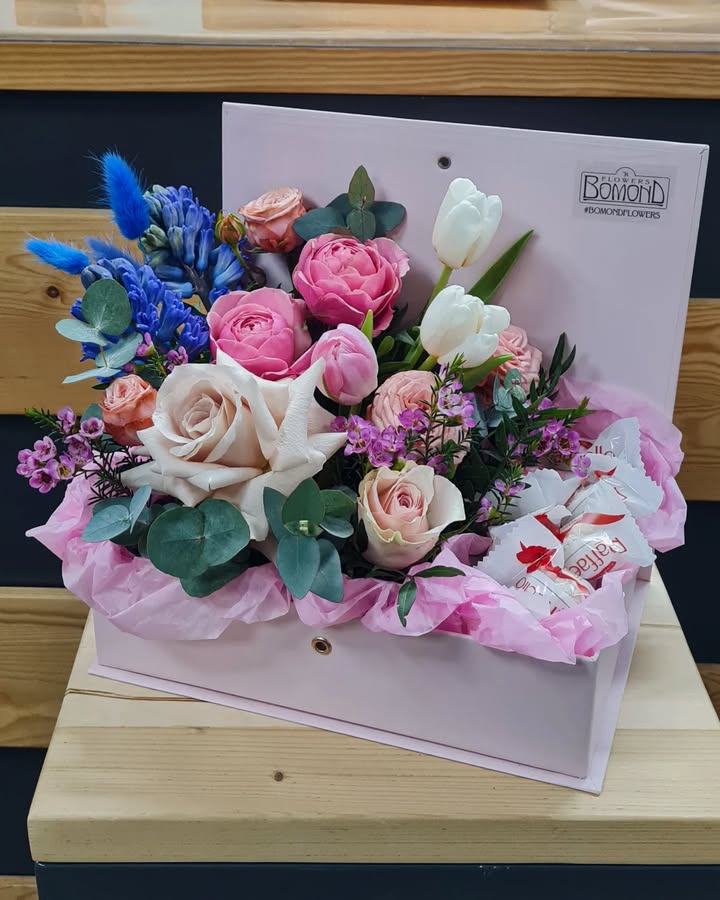 Spring Flower Arrangement with Sweets in a Gift Box