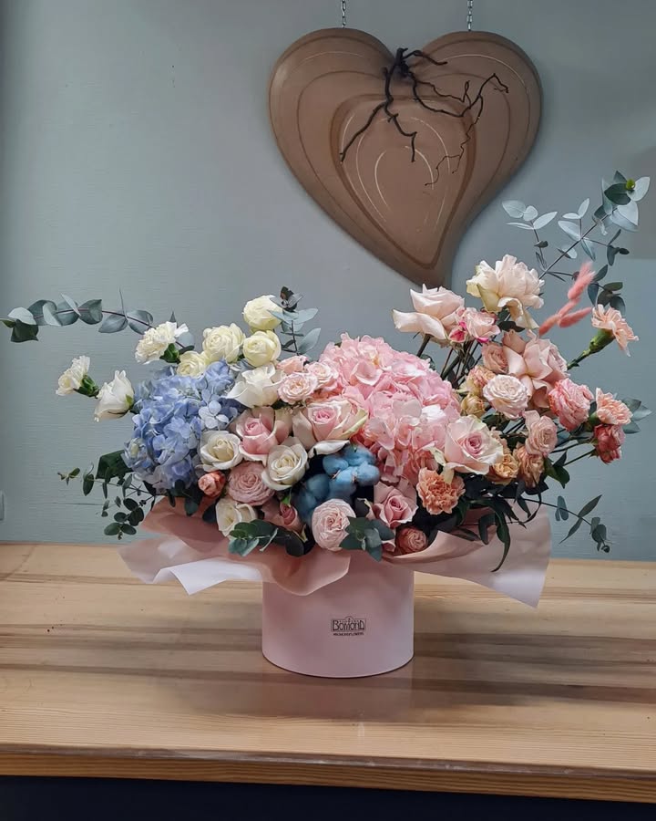 Large Flower Arrangement in Hatbox with Hydrangeas and Roses