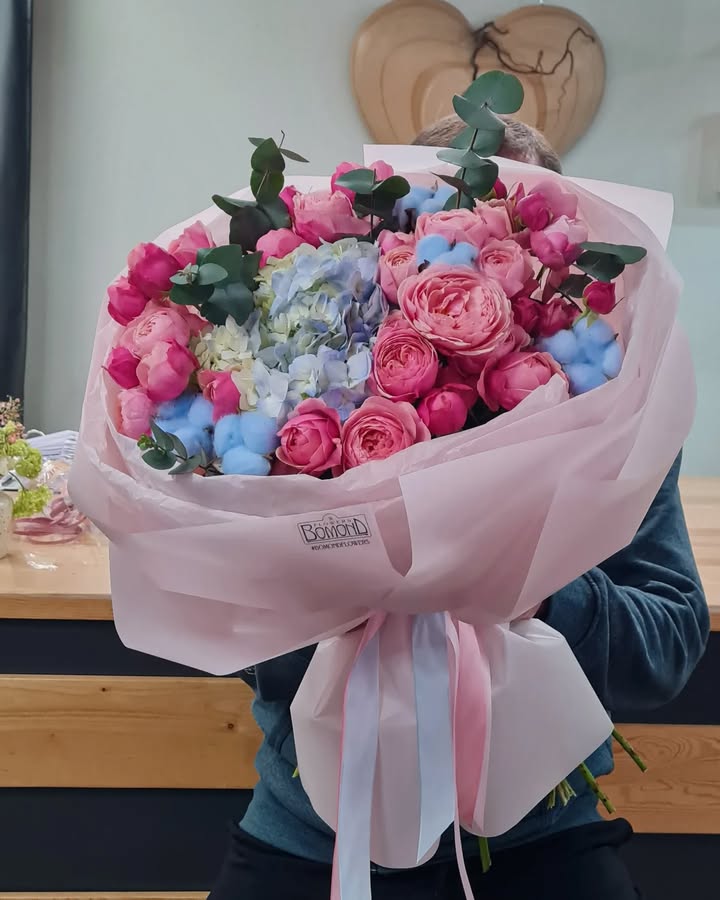 "Love Above All" Bouquet with Pink Peonies, Hydrangea and Cotton