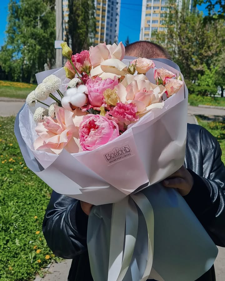 Bouquet of Pink Peonies and Cream Roses with Cotton