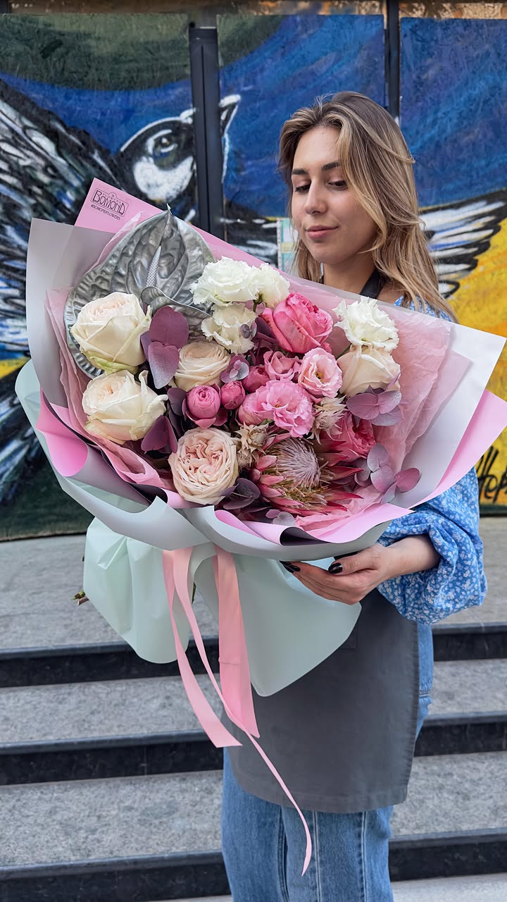Bouquet of White-Pink Peony and Garden Roses with Eucalyptus and Protea