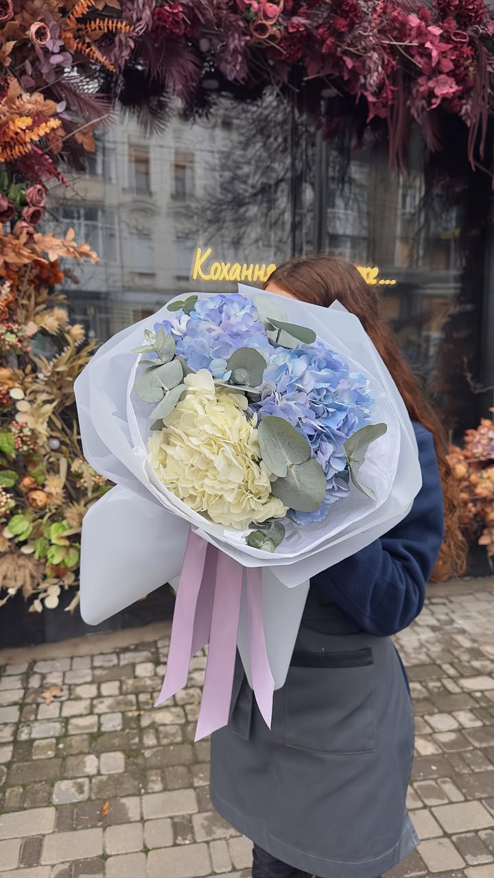 Bouquet of Soft Blue and Cream Hydrangeas