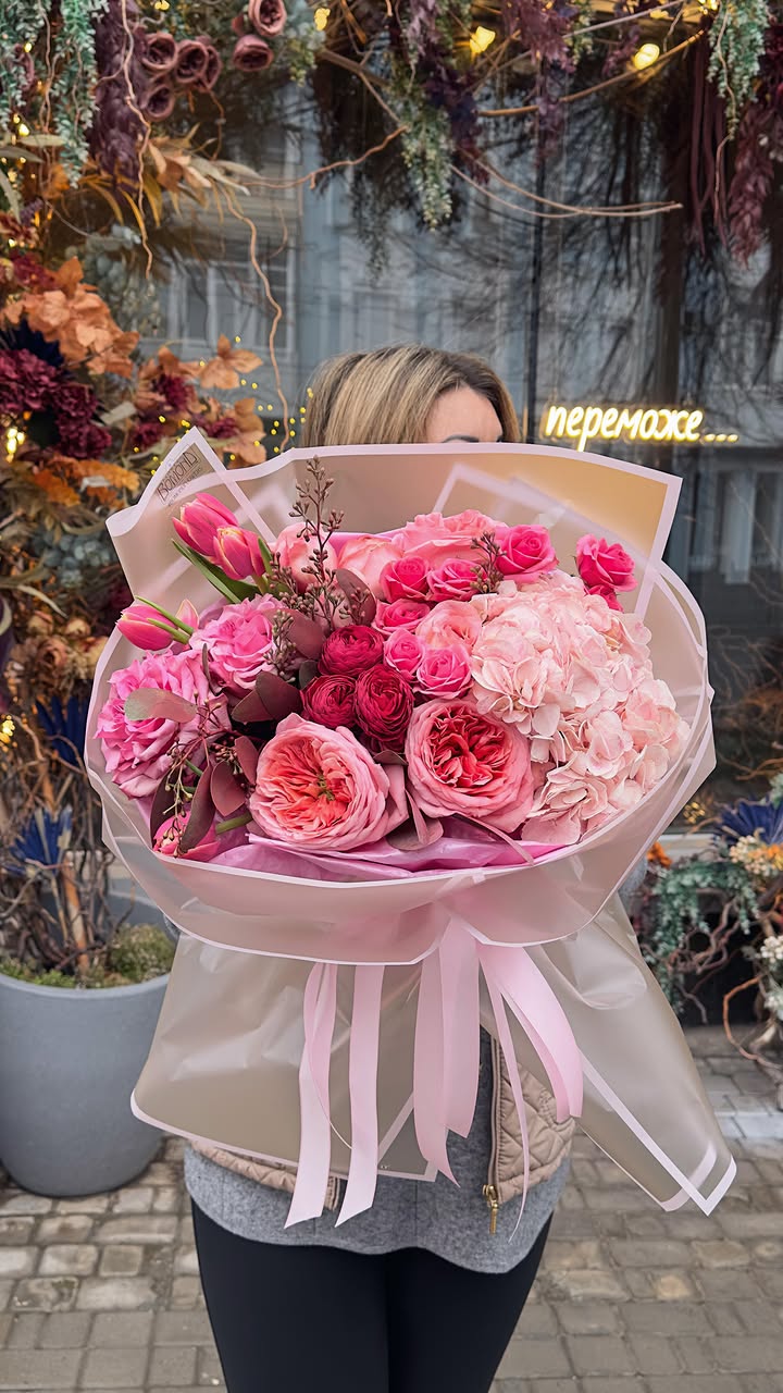 Delicate Pink Bouquet of Roses, Hydrangeas, and Tulips