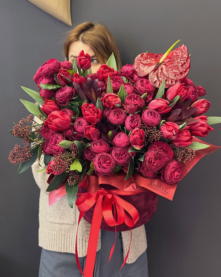Luxurious Red Bouquet of Peony Roses and Tulips in Velvet Box