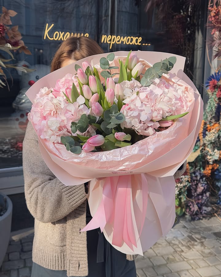 Bouquet of Pink Tulips and Hydrangeas with Eucalyptus