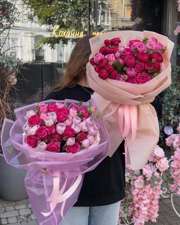 Set of Pink and Raspberry Spray Rose Bouquets in Delicate Wrapping