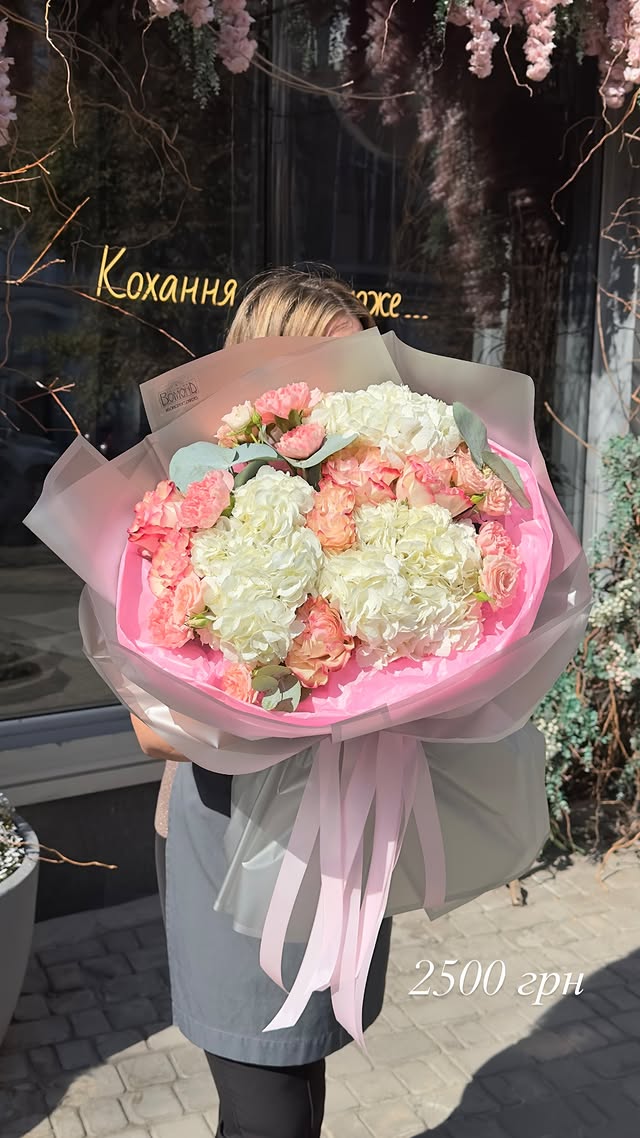 Bouquet of White Hydrangeas and Pink Carnations with Eucalyptus