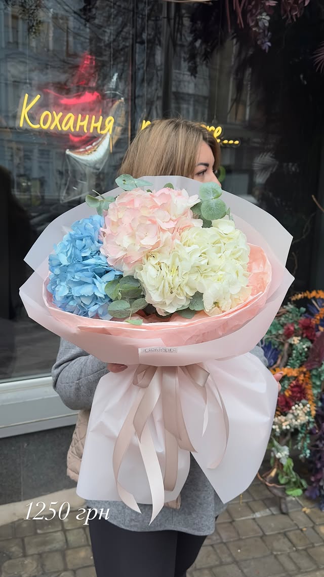 Bouquet of Blue, Pink and White Hydrangeas with Eucalyptus