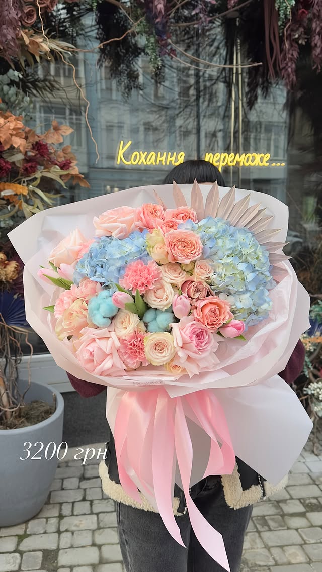 Bouquet of Blue Hydrangea and Pink Roses with Cotton