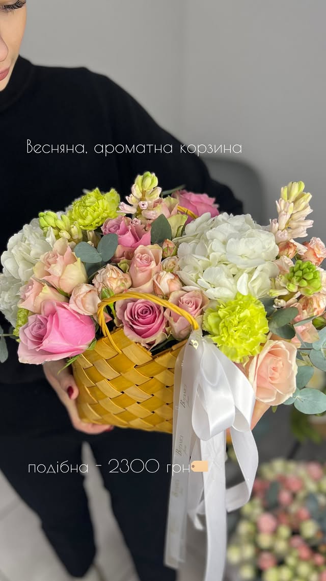 Весняна ароматна корзина з трояндами та гортензіями
