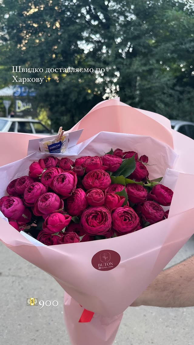 Букет із рогатих гвоздик малинового кольору у стильній упаковці
