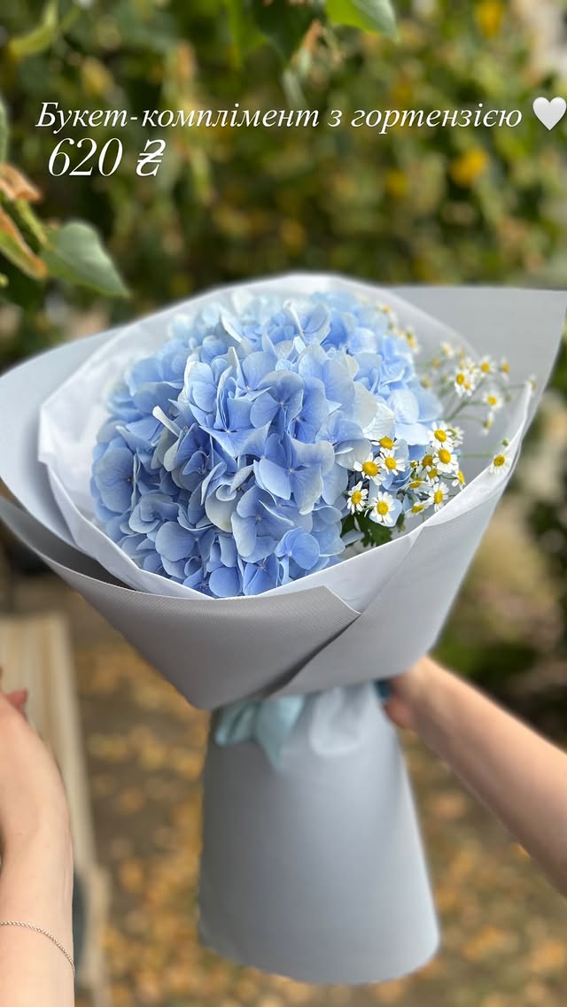 Букет-комплімент з гортензією та ромашками, блакитний