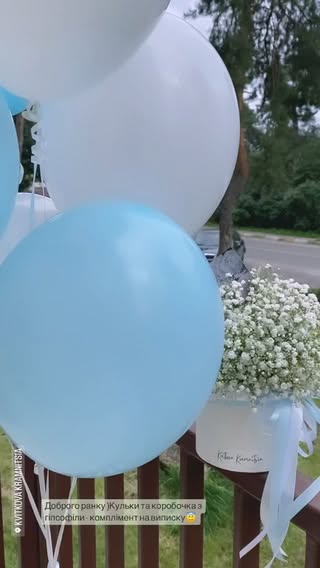 Букет гіпсофіли у коробці з блакитними та білими кулями