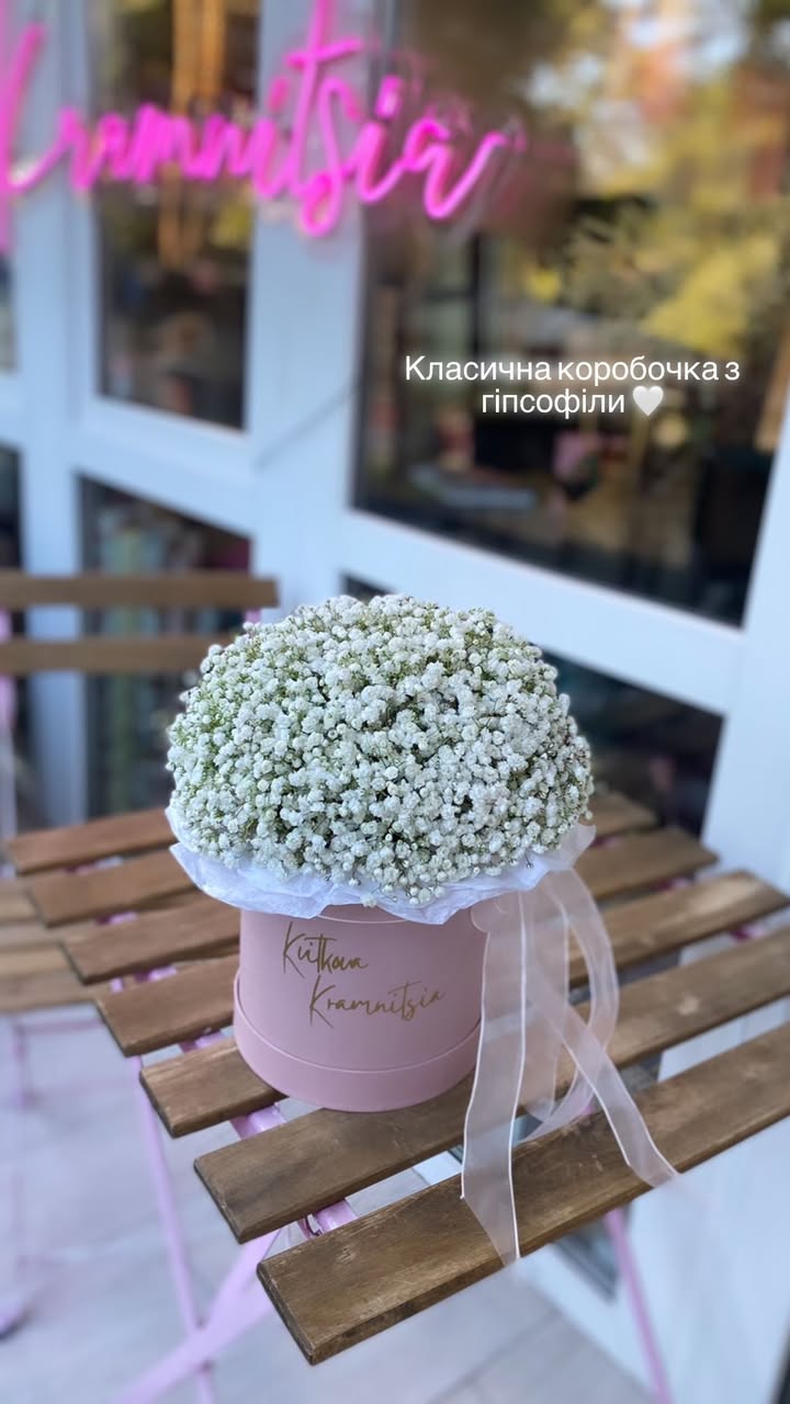 Класична коробочка з гіпсофілою — білий квітковий букет у круглій коробці